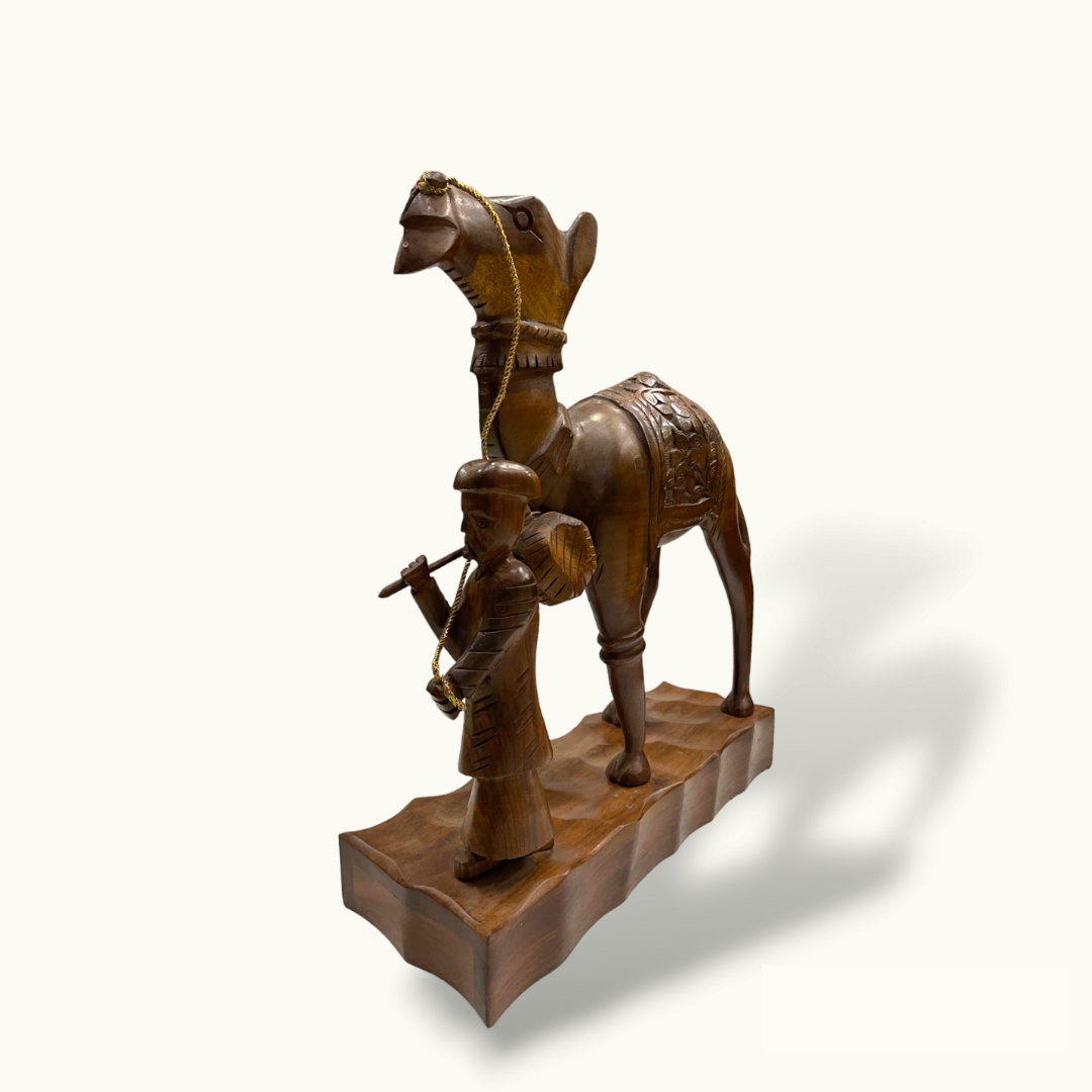 Handcrafted Wooden Men Riding Camel, Arabic Men Camel Sculpture.