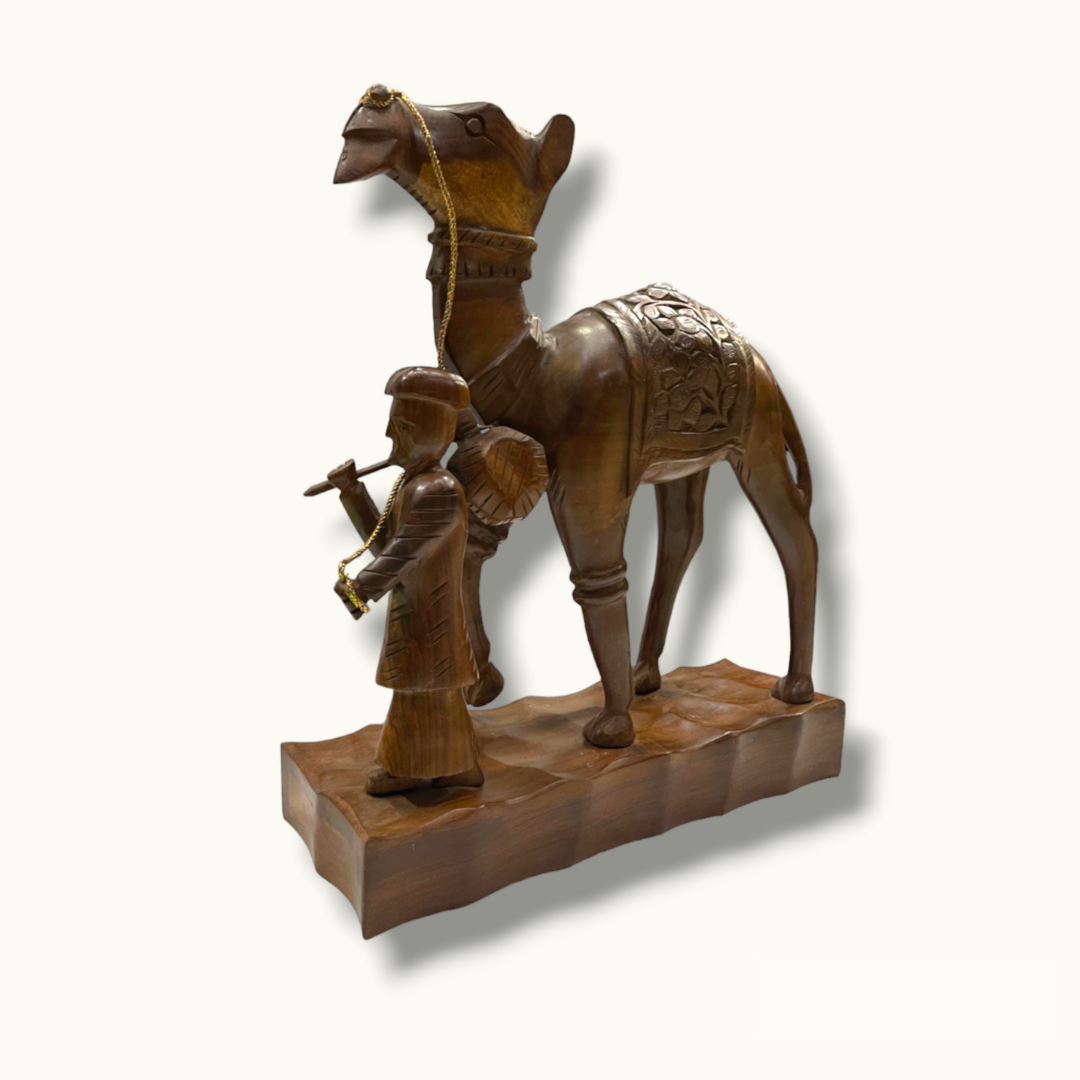 Handcrafted Wooden Men Riding Camel, Arabic Men Camel Sculpture.