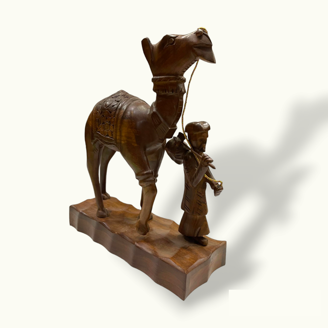Handcrafted Wooden Men Riding Camel, Arabic Men Camel Sculpture.