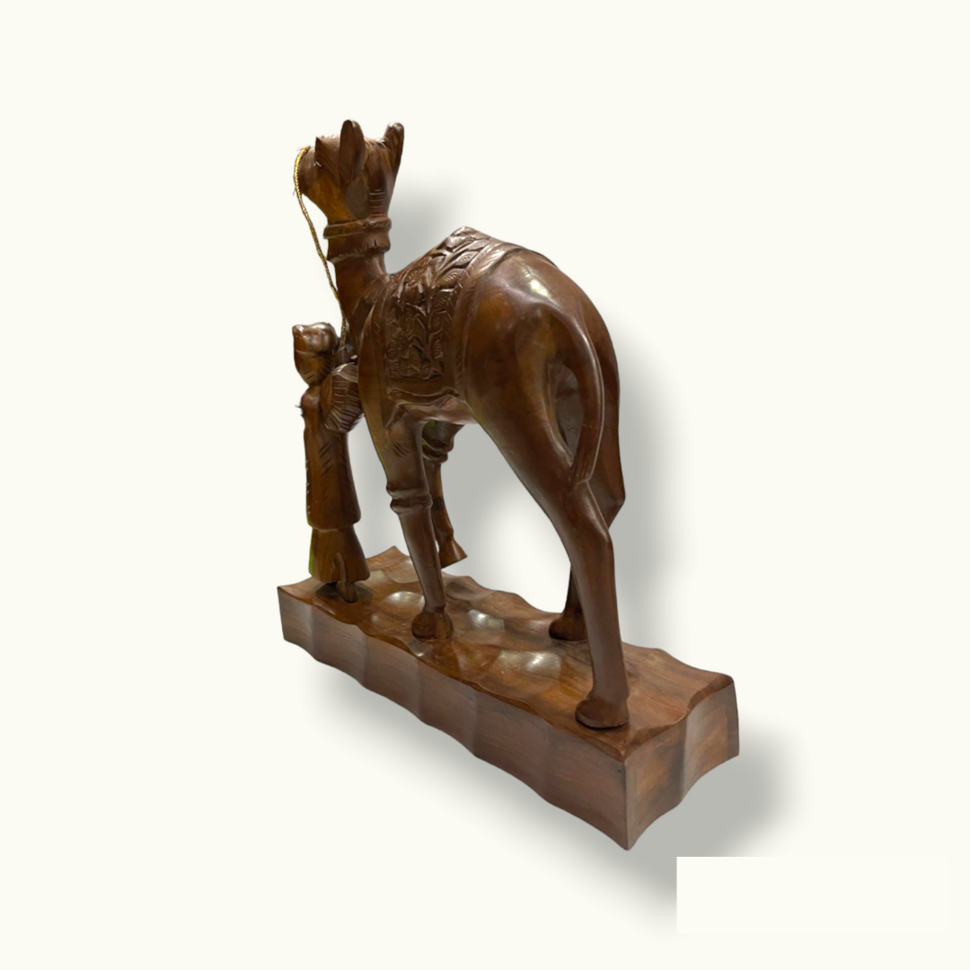 Handcrafted Wooden Men Riding Camel, Arabic Men Camel Sculpture.