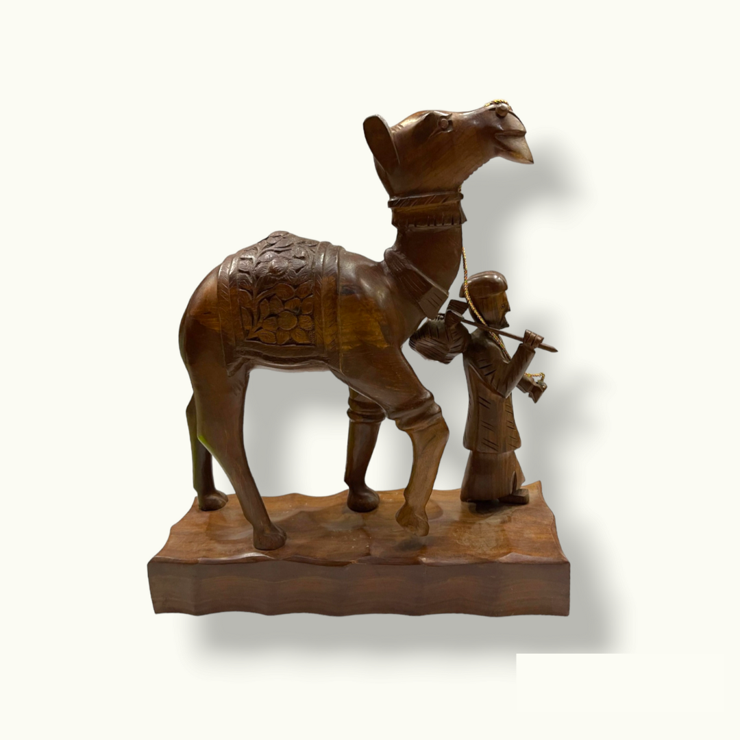Handcrafted Wooden Men Riding Camel, Arabic Men Camel Sculpture.