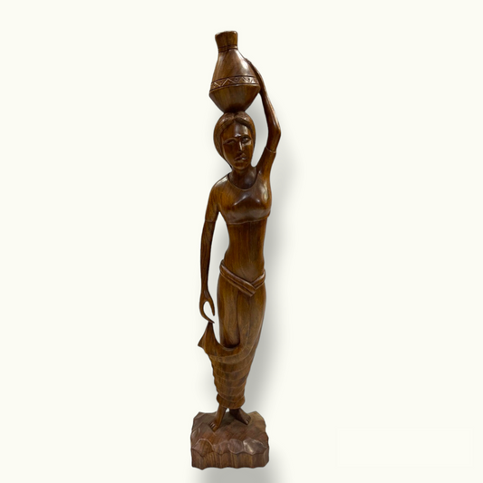 Beautiful Wooden Lady Statue, Village Women Carrying Water Pot.