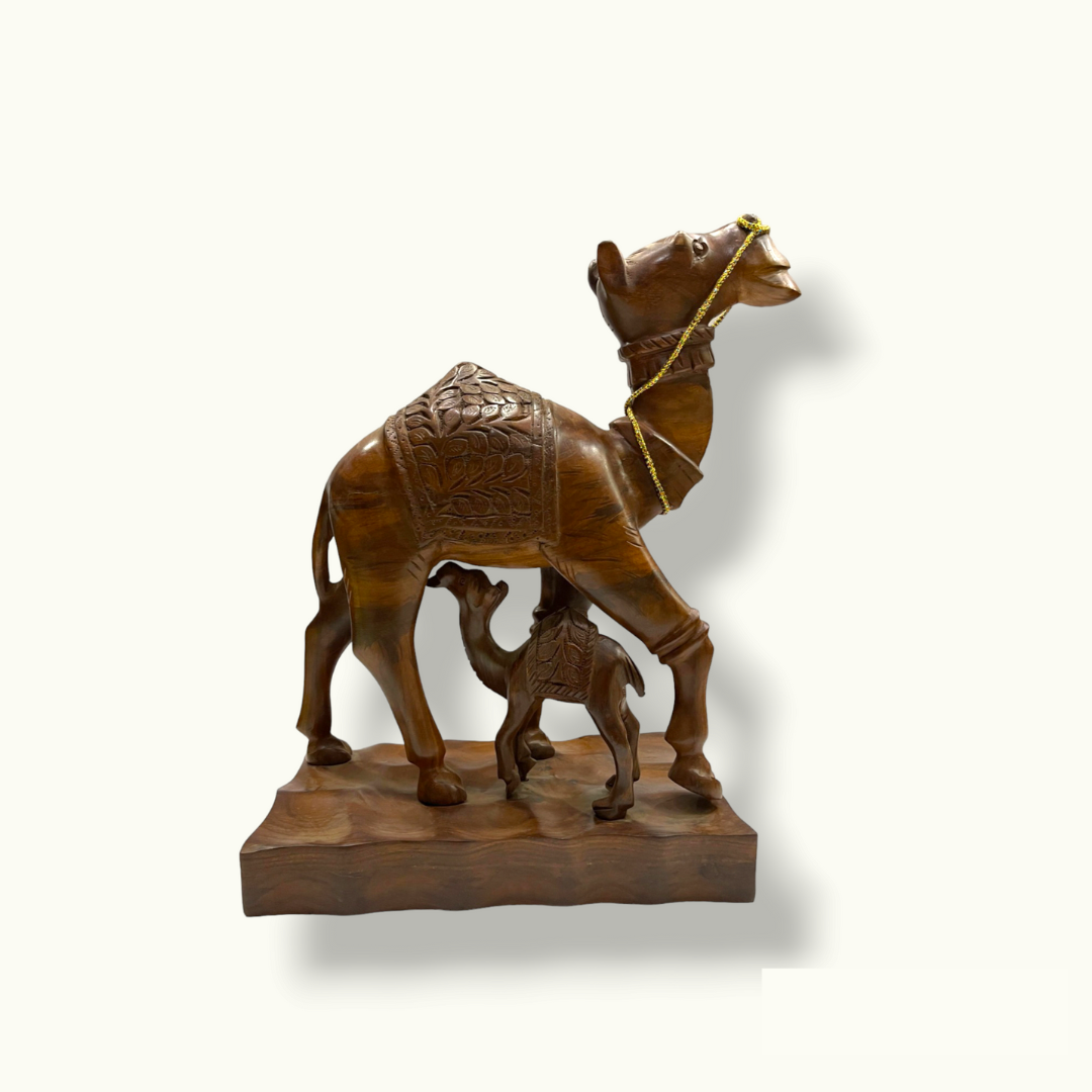 Mother Camel Feeding Baby Statue, Handmade Wooden Camels Sculpture.