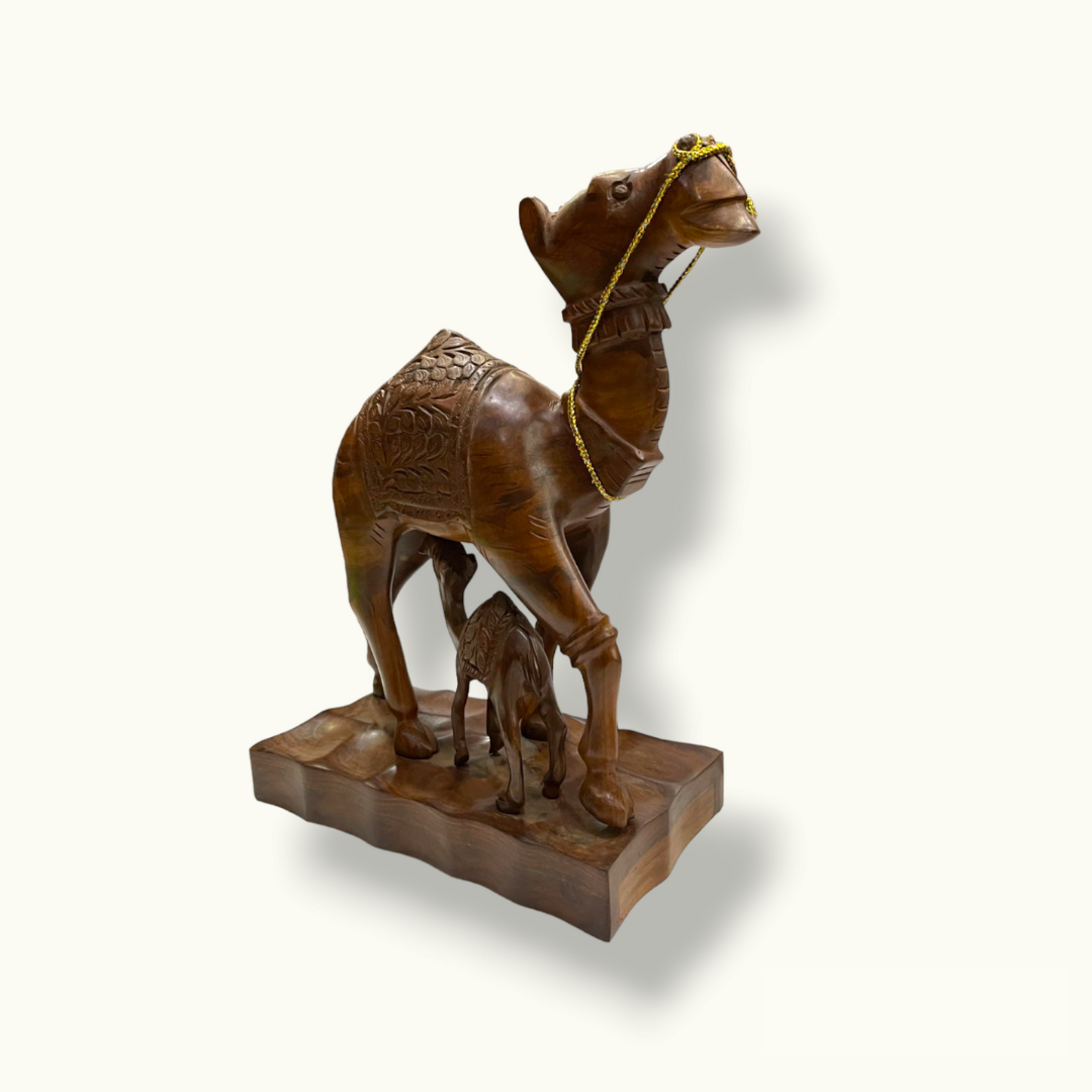 Mother Camel Feeding Baby Statue, Handmade Wooden Camels Sculpture.