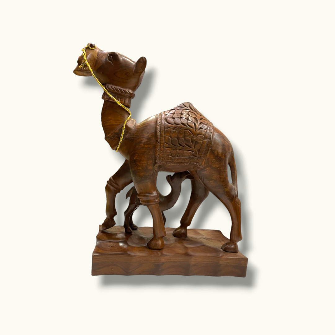 Mother Camel Feeding Baby Statue, Handmade Wooden Camels Sculpture.