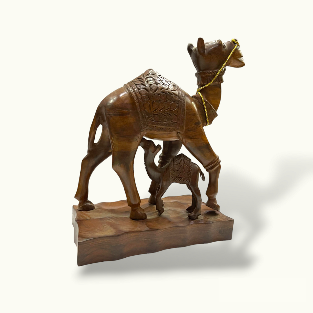 Mother Camel Feeding Baby Statue, Handmade Wooden Camels Sculpture.