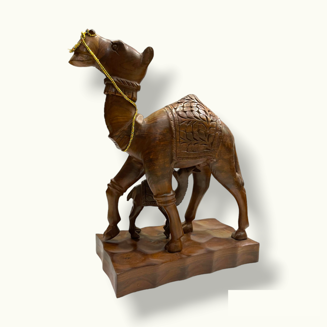 Mother Camel Feeding Baby Statue, Handmade Wooden Camels Sculpture.