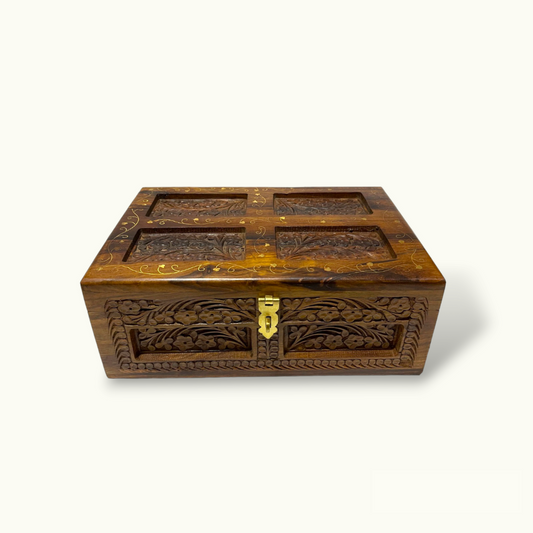 Beautiful Brass Inlay Jewelry Box, Wood Carving Jewelry Box.